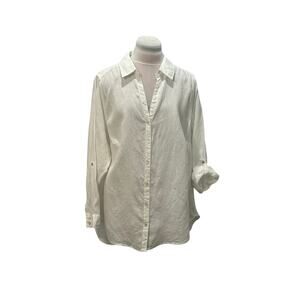 SIGRID OLSEN White 100% Linen Button Up Vneck Collar Top 1X Beachy Resort Wear